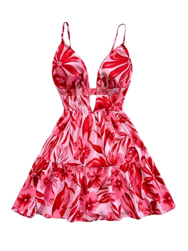 Women's Sleeveless Butterfly Print Cut Out V Neck Tiered Mini Cami Dresses