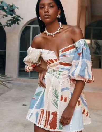 Women's Flower Print Lace Sling Dress Fashion V-neck Waist-baring Dress