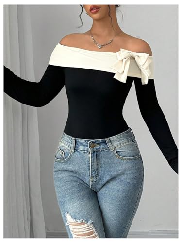 Women's Colorblock Bow Tie Off Shoulder Long Sleeve Bodysuit Elegant Tops