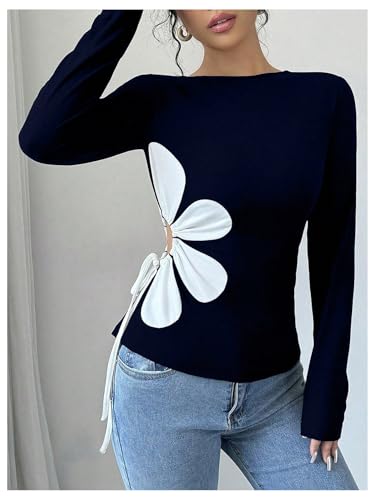 Women's Floral Pattern Hollow Out Tie Side T Shirts Crew Neck Long Sleeve Tee Tops