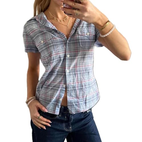 Y2k Fairy Plaid Button Down T Shirts Women Short Sleeve V Neck Aesthetic Tee Shirts Slim Fit Gingham Crop Top