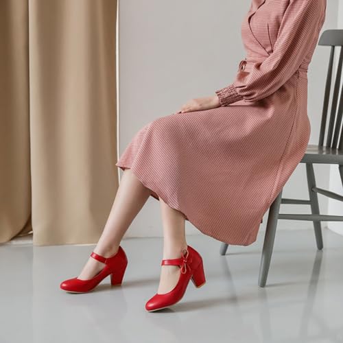 Women's Bow Mary Jane Dress Pumps Shoes Chunky Block High Heels Round Toe Shoes