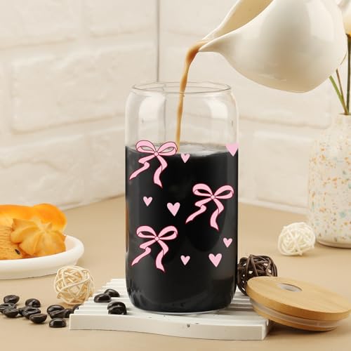 Cherry Bow Cup, Birthday Gifts for Women, Girly Gifts for Her, Sister, Mom, Colleague - 16 OZ Glass Tumbler with Straw & Lid, Coquette Iced Cup