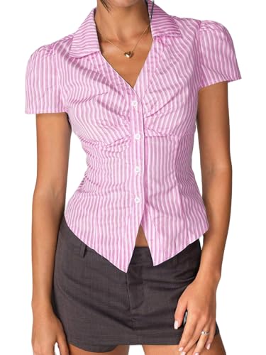 Y2k Fairy Plaid Button Down T Shirts Women Short Sleeve V Neck Aesthetic Tee Shirts Slim Fit Gingham Crop Top