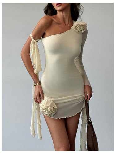 Women's 3D Flower One Shoulder Mesh Mini Dress Long Sleeve Lettuce Trim Floral Dress