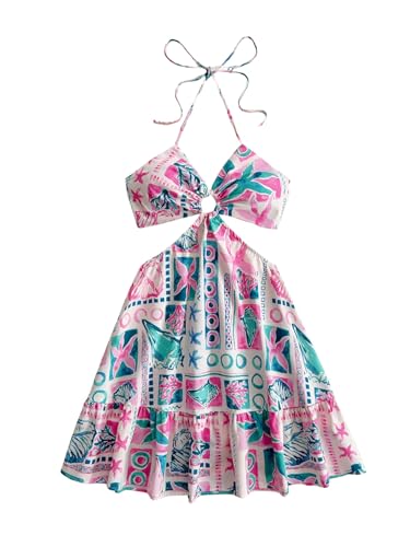 Women's Floral Halter Neck Vacation Dress Sleeveless Cut Out Boho Cami Dress