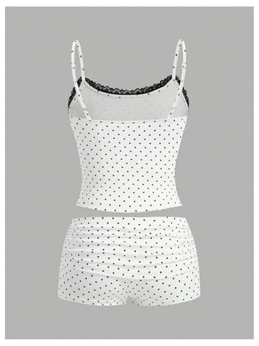 Women's 2 Piece Cute Pajama Set Cartoon Print Ruched Cami Crop Tops and Shorts Lounge Sets