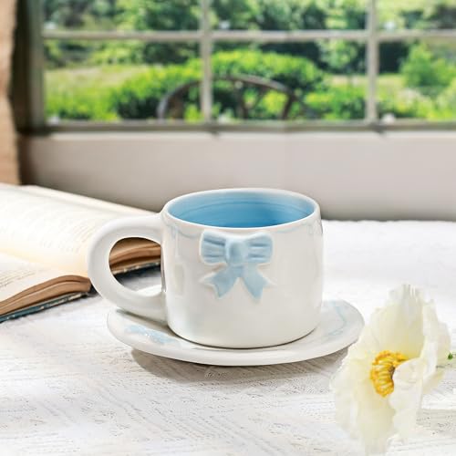 Elegant Bowknot Tea Cup and Saucer Set, Ceramic Tea Mug Set with Butterfly Bow Design, Perfect for Afternoon Tea or Home Décor