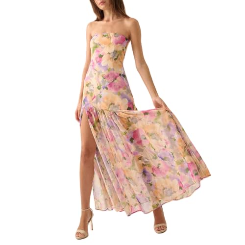Women Y2k Floral Strapless Dress Sexy Backless Tube Maxi Dress Sleeveless Mesh Bodycon Long Dress