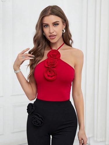 Women's Floral 3D Flower Cami Halter Top Sexy Backless Sleeveless Camisole