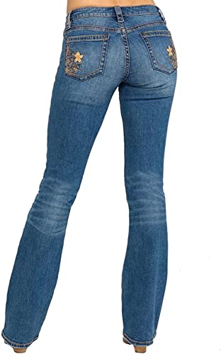 Women Bootcut Jeans, Stretchy Feather Flower Embroidery Mid Rise Slim Straight Leg Pants Jeans