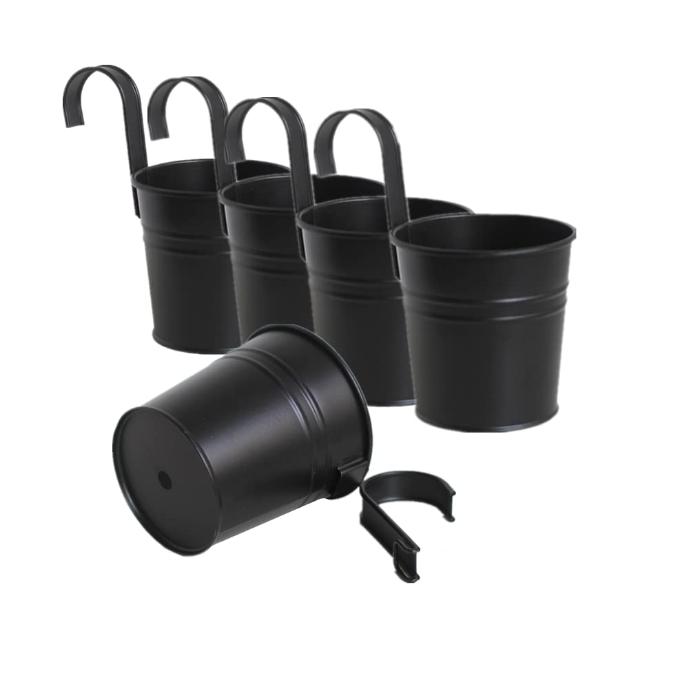 Hanging Flower Pots for Outdoor Indoor Plants with Removable Hooks -5 Pack Metal Buckets Plant Pots Wall Fence Home Decor-Storage Box,Drainage Holes -5''Diameter