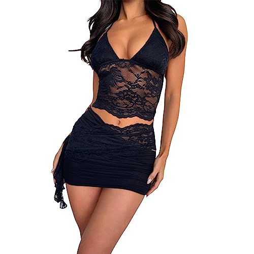 Women Y2K Lace 2 Piece Skirt Set Floral Lace Fitted Crop Cami Top See Through Low Waist Skirt Outfit Streetwear