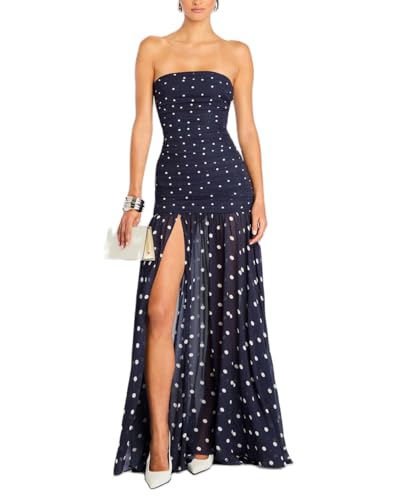 Women Y2k Floral Strapless Dress Sexy Backless Tube Maxi Dress Sleeveless Mesh Bodycon Long Dress