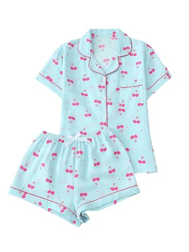 Women's Cherry Print Pajama Set Coquette Bow Collar Button Down Short Sleeve Cute Pjs Shorts Set