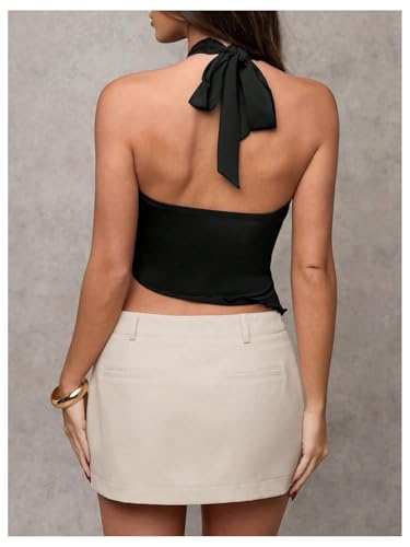 Women's Wrap V Neck Buckle Halter Top Ruched Asymmetrical Sleeveless Tops