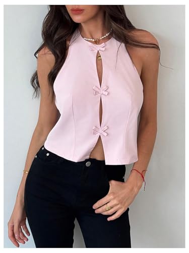 Women's Bow Knot Backless Halter Top Y2k Cut Out Split Hem Sleeveless Tops