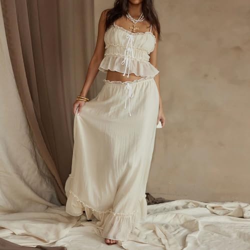 Women 2 Piece Outfits Y2k Sleeveless Lace Trim Cami Tops and Ruffle Ruched Maxi Skirt Matching Set