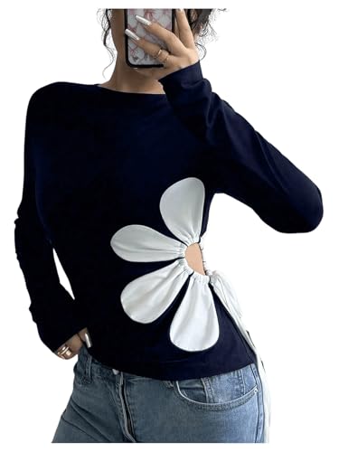 Women's Floral Pattern Hollow Out Tie Side T Shirts Crew Neck Long Sleeve Tee Tops