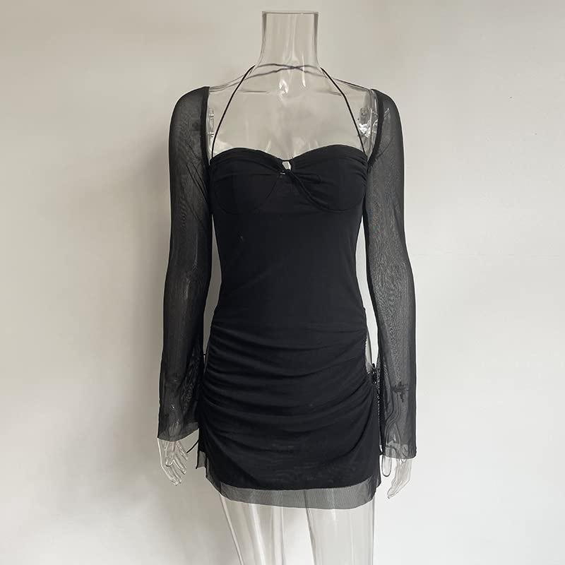 Women Long Puff Sleeve Mini Bodycon Split Hem Mesh Dress Party Dress