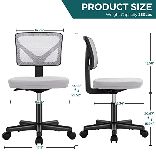 Vanity Swivel Armless Desk Chairs with Wheels, Ergonomic Adjustable Home Office Rolling Task Chair, Comfy Mesh Mid Back