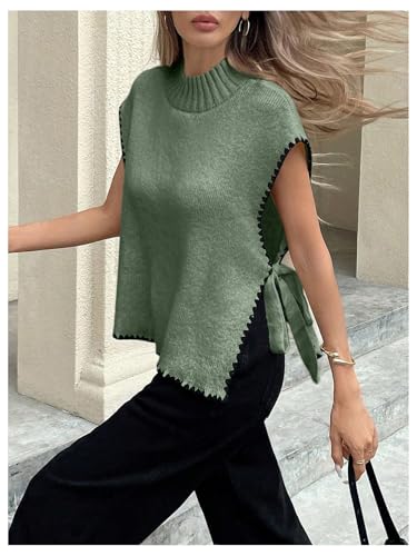 Women's Bow Tie Side Mock Neck Sweater Vest Coquette Split Sleeveless Knit Tops