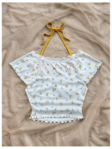 Women's Contrast Lace Halter Neck Lettuce Trim Casual Crop Tee Tops