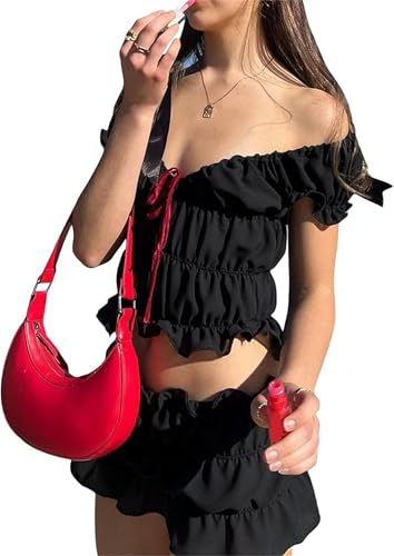 Women's Sexy Ruffle 2 Piece Sets Short Sleeve Bow Tie Front Crop Tops and Smocked Ruched Shorts Loungewear