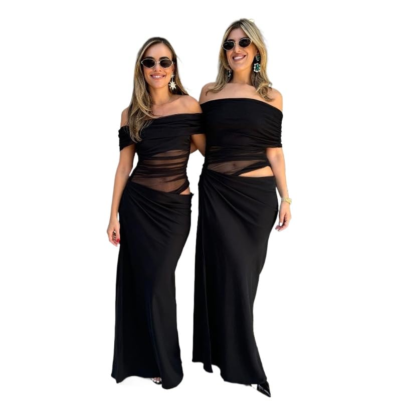 Women Off Shoulder Bodycon Maxi Dress Layered Mesh Ruched Hollow Out Dresses