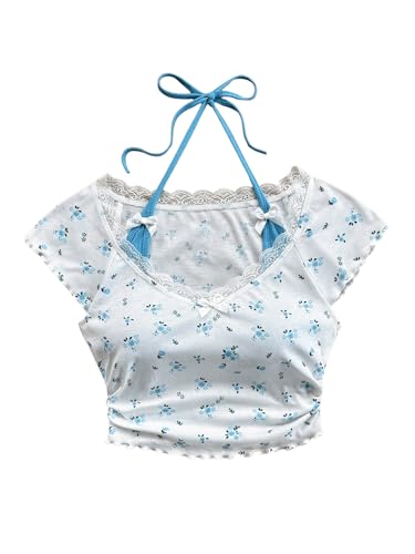 Women's Contrast Lace Halter Neck Lettuce Trim Casual Crop Tee Tops