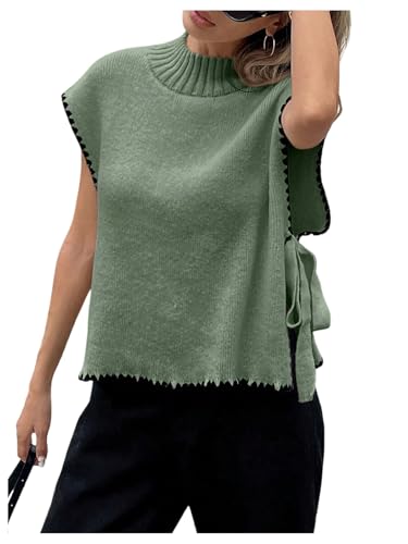 Women's Bow Tie Side Mock Neck Sweater Vest Coquette Split Sleeveless Knit Tops