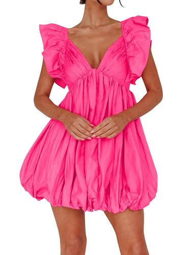 Summer Mini Deep V-Neck Babydoll Dress â€?Backless Lace-Up Sexy Bubble Dress