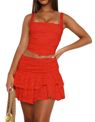 Women Y2K Lace 2 Piece Skirt Set Floral Lace Fitted Crop Cami Top See Through Low Waist Skirt Outfit Streetwear
