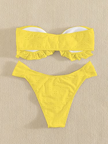 Women's 2 Piece Bathing Suit Ruffle Hem Bandeau Tie Front Bikini Set