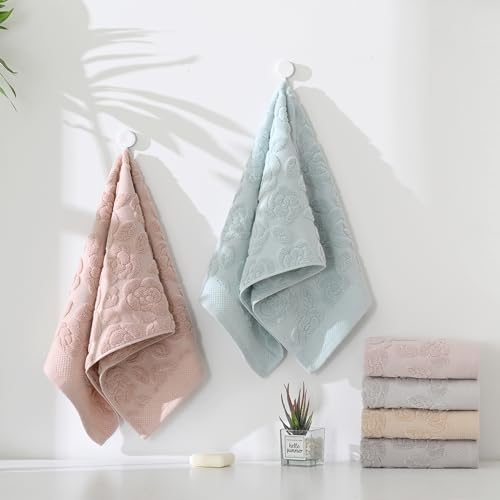 Rose Hand Towel Set of 2 Super Soft 100% Cotton Embossed Floral Pattern Highly Absorbent Decorative Bath Hand Towels for Bathroom 13x 29 Inch