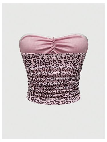 Women's Leopard Print Ruched Strapless Bandeau Top Meah Casual Sleeveless Bow Slim Fit Cheetah Print Tube Crop Tops