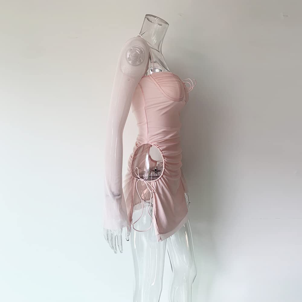 Women Long Puff Sleeve Mini Bodycon Split Hem Mesh Dress Party Dress