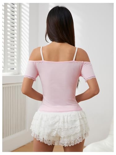 Women's Y2K Coquette Aesthetic Crop Tops Summer Kawaii Clothes Cute Lace Bow Cold Shoulder Graphic Tees