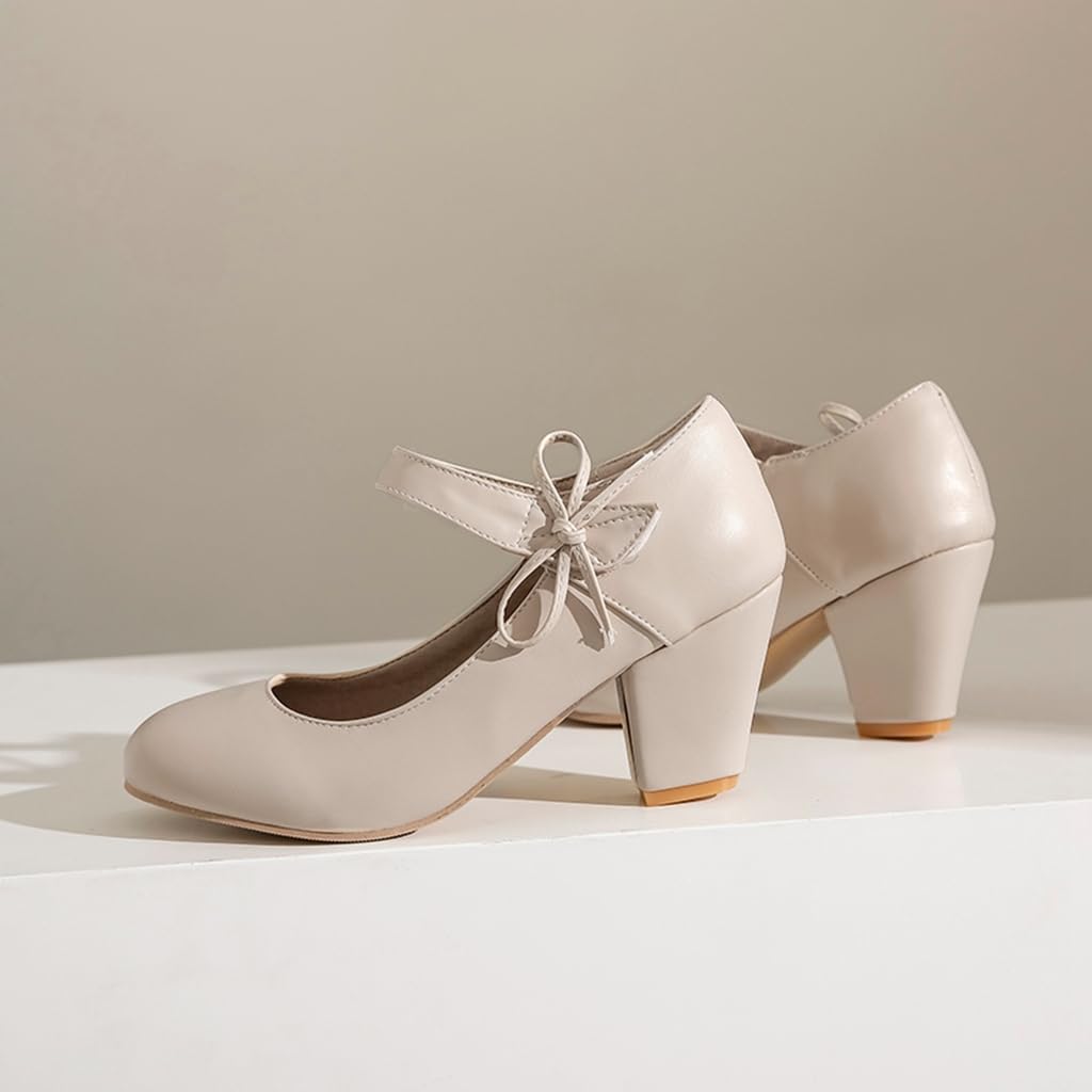 Women's Bow Mary Jane Dress Pumps Shoes Chunky Block High Heels Round Toe Shoes