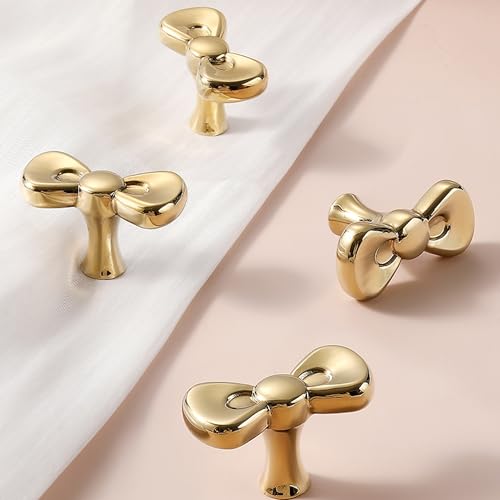 Gold Brass Small Bow Knobs Cute Dresser Drawer Handles Kitchen Cabinet Pulls Art Deco Single Hole Decorative Knobs Modern Furniture Hardware for Closet Cupboard