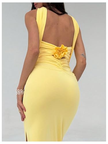 Women's Backless Halter Dress Sexy 3D Floral Ruched Split Thigh Maxi Dresses