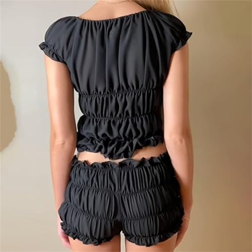 Women's Sexy Ruffle 2 Piece Sets Short Sleeve Bow Tie Front Crop Tops and Smocked Ruched Shorts Loungewear