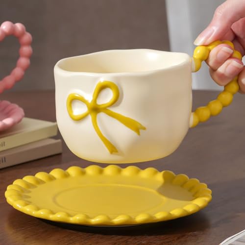 Coquette Bow Coffee Mug Personalized Set with Saucer Mug Porcelain Coffee Tea Cup 12oz