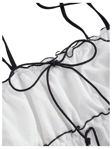 Women's Bow Tie Cami Tops Ruffle Spaghetti Strap Contrast Trim Asymmetrical Camisole Tank