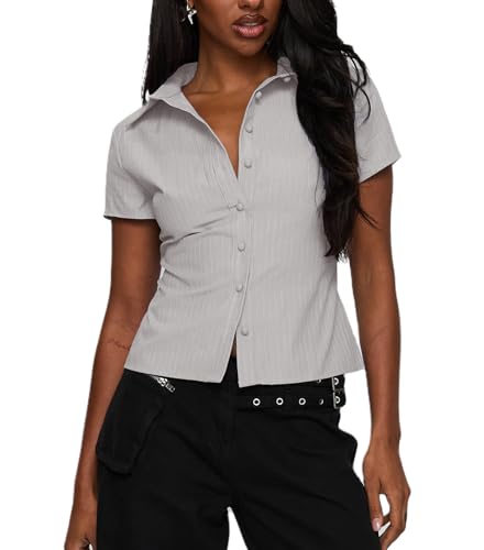 Y2k Fairy Plaid Button Down T Shirts Women Short Sleeve V Neck Aesthetic Tee Shirts Slim Fit Gingham Crop Top