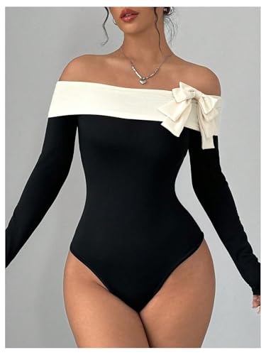 Women's Colorblock Bow Tie Off Shoulder Long Sleeve Bodysuit Elegant Tops