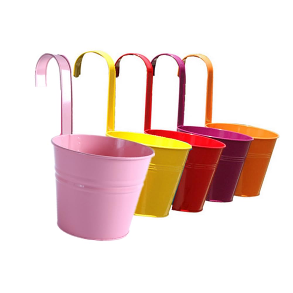 Hanging Flower Pots for Outdoor Indoor Plants with Removable Hooks -5 Pack Metal Buckets Plant Pots Wall Fence Home Decor-Storage Box,Drainage Holes -5''Diameter