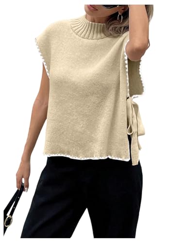 Women's Bow Tie Side Mock Neck Sweater Vest Coquette Split Sleeveless Knit Tops
