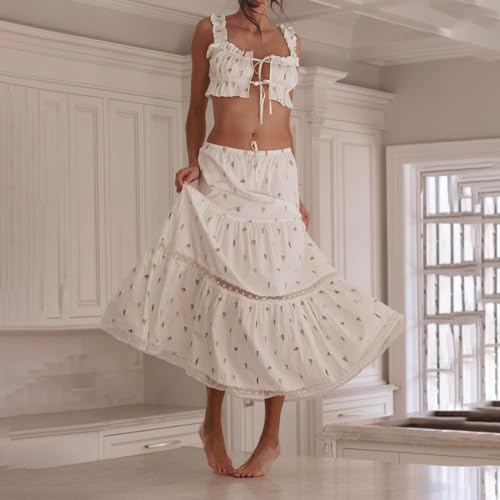Women 2 Piece Outfits Y2k Sleeveless Lace Trim Cami Tops and Ruffle Ruched Maxi Skirt Matching Set