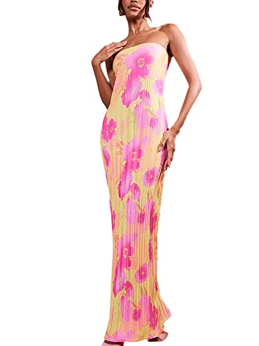 Women Y2k Floral Strapless Dress Sexy Backless Tube Maxi Dress Sleeveless Mesh Bodycon Long Dress